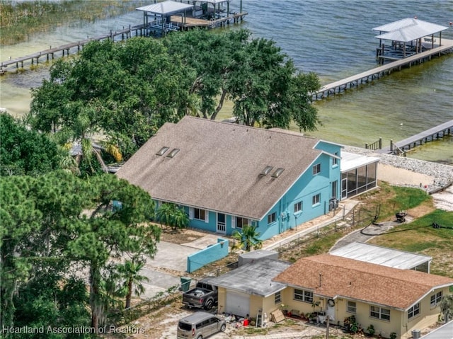 aerial view featuring a water view