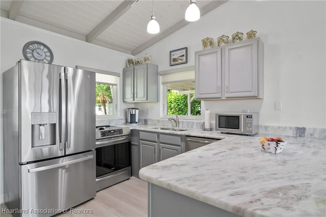457 Lake June Rd, Lake Placid, FL 33852 - kitchen with stainless steel appliances, gray cabinetry, a sink, light wood-style flooring, and light stone counters