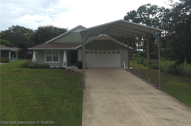 view of front of home with a front yard, a garage, and a carport