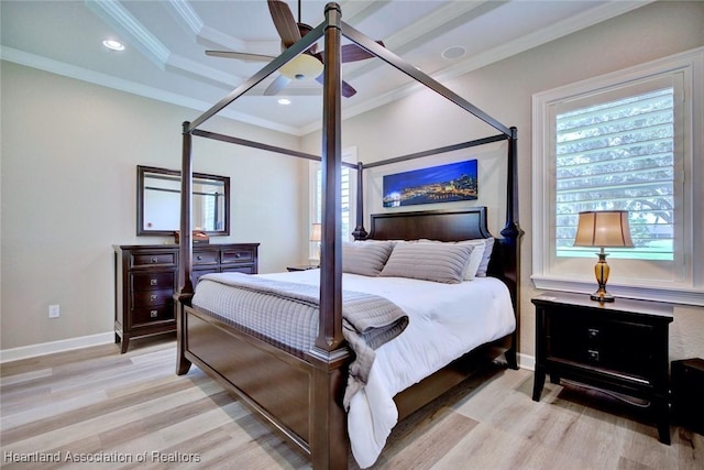 3013 Royal Oaks Ct, Sebring, FL 33875 - bedroom featuring light wood-type flooring, ornamental molding, recessed lighting, and ceiling fan
