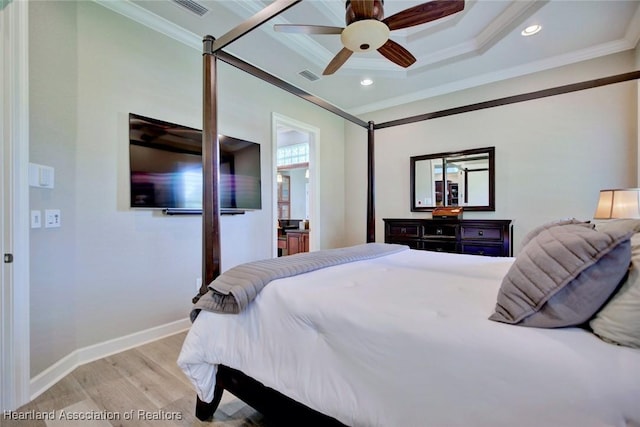 3013 Royal Oaks Ct, Sebring, FL 33875 - bedroom featuring ornamental molding, light wood finished floors, a raised ceiling, recessed lighting, and ceiling fan