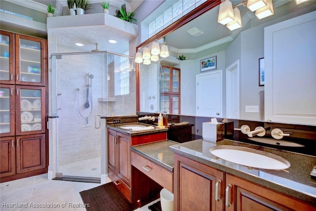 3013 Royal Oaks Ct, Sebring, FL 33875 - full bathroom with vanity, crown molding, a stall shower, and tile patterned floors