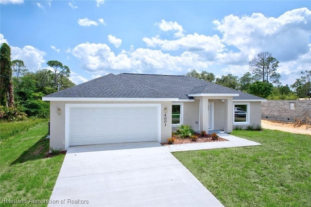 4001 Simca St, Sebring, FL 33872 - view of front of house with stucco siding, a shingled roof, driveway, and a front yard
