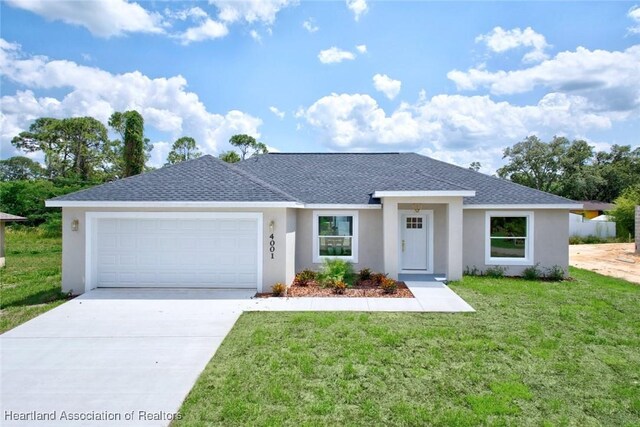 4001 Simca St, Sebring, FL 33872 - view of front of home with stucco siding, roof with shingles, an attached garage, a front lawn, and concrete driveway