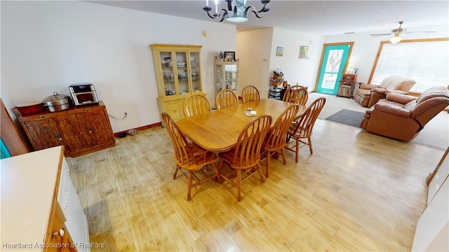 dining room featuring ceiling fan with notable chandelier and light hardwood / wood-style floors