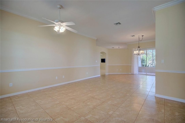 unfurnished room featuring baseboards, visible vents, arched walkways, crown molding, and ceiling fan with notable chandelier