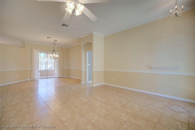 empty room featuring visible vents, ceiling fan with notable chandelier, baseboards, and ornamental molding