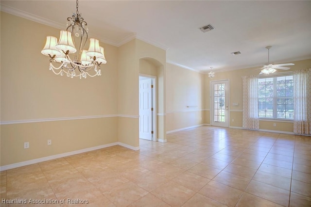 empty room featuring baseboards, visible vents, arched walkways, ornamental molding, and ceiling fan with notable chandelier