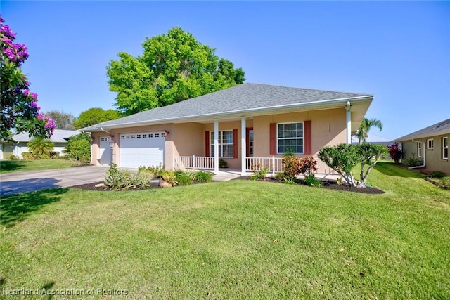 ranch-style house featuring a porch, stucco siding, an attached garage, and a front yard