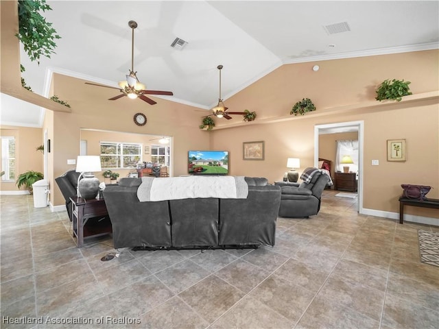 living room with ornamental molding, ceiling fan, and lofted ceiling