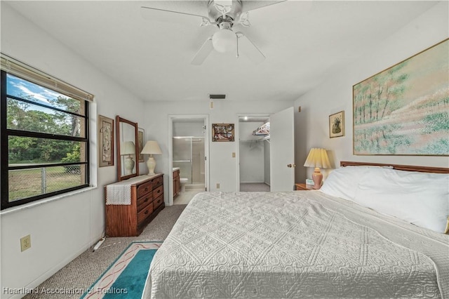 carpeted bedroom with ceiling fan, a walk in closet, multiple windows, and a closet