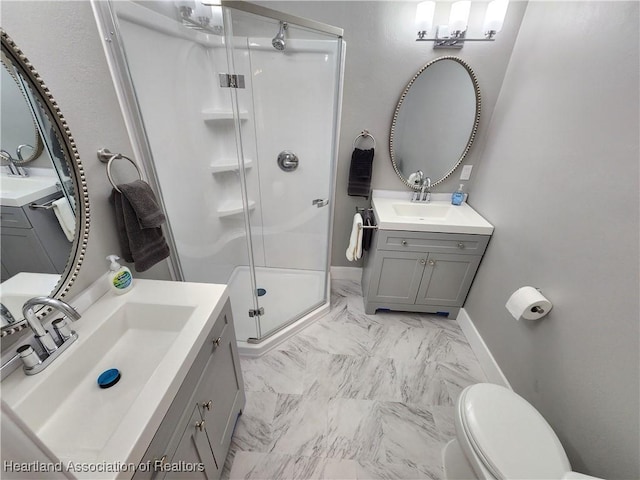 4101 Elson Ave, Sebring, FL 33875 - bathroom with a shower stall, two vanities, and marble finish floors
