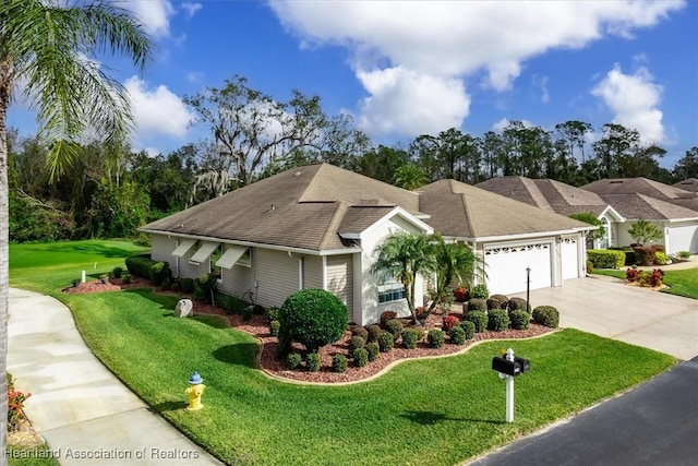 ranch-style house with a garage and a front lawn