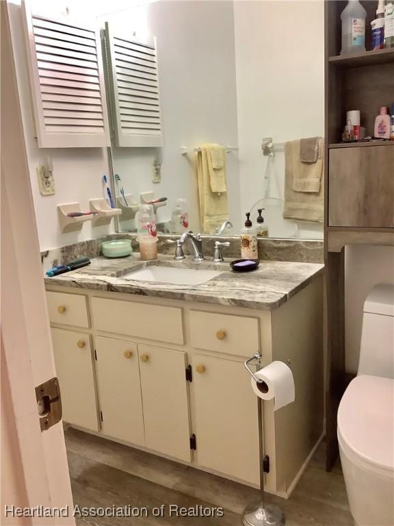 bathroom featuring vanity, wood-type flooring, and toilet