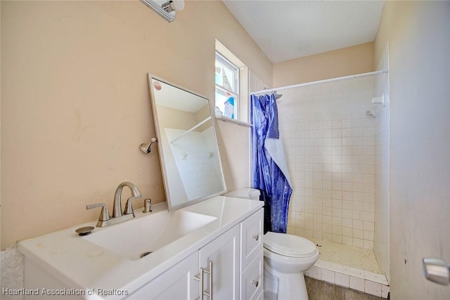 bathroom featuring toilet, walk in shower, and vanity