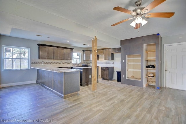 kitchen with dark brown cabinetry, decorative backsplash, kitchen peninsula, light wood-type flooring, and ceiling fan