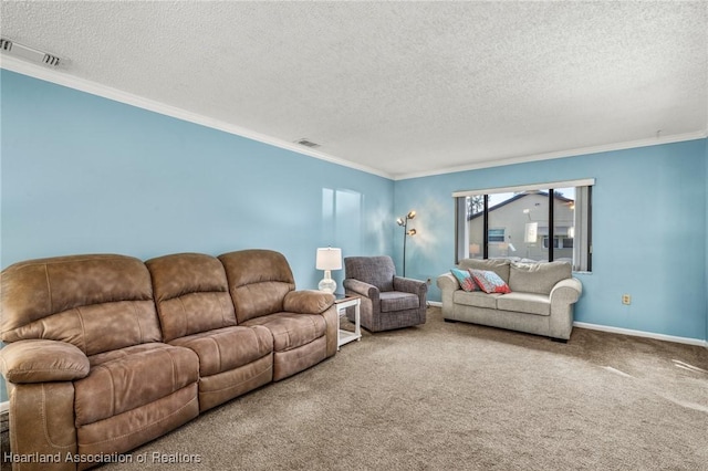 carpeted living room featuring crown molding and a textured ceiling