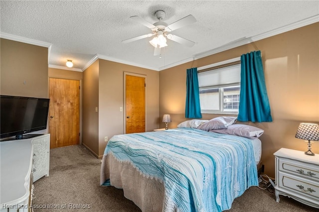 carpeted bedroom featuring crown molding, a textured ceiling, and ceiling fan