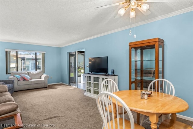 carpeted living room featuring ceiling fan, ornamental molding, and a textured ceiling