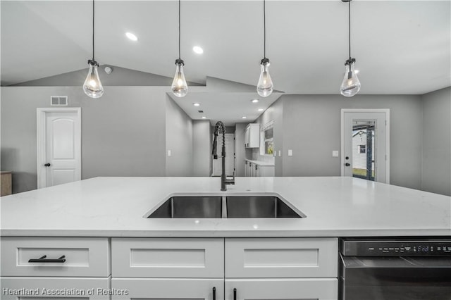 kitchen with white cabinetry, decorative light fixtures, black dishwasher, and sink