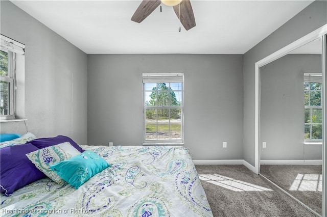 bedroom featuring ceiling fan and carpet