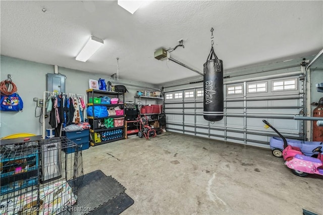 garage with electric panel and a garage door opener