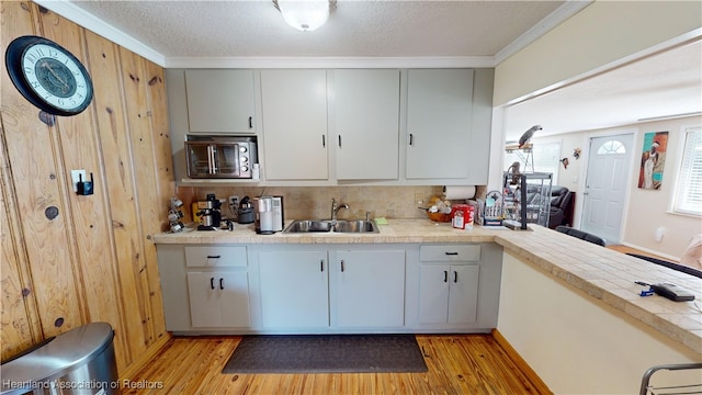 1102 W Gibson St, Arcadia, FL 34266 - kitchen featuring light wood-type flooring, light countertops, ornamental molding, and a textured ceiling