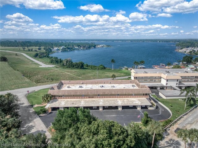 drone / aerial view with a water view