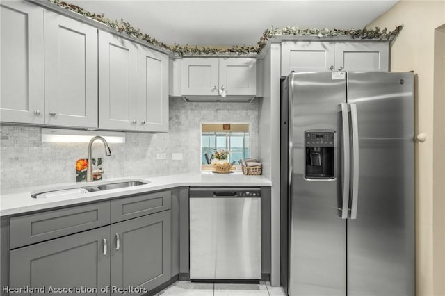 kitchen featuring backsplash, gray cabinetry, sink, and stainless steel appliances