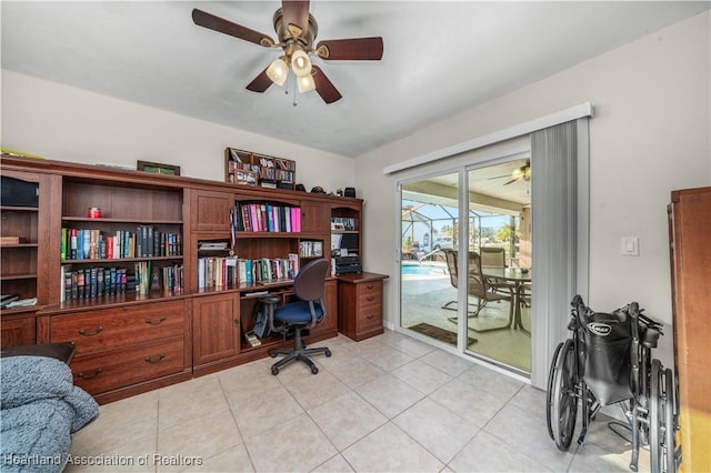 tiled office with ceiling fan