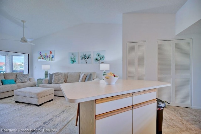 living room featuring lofted ceiling and ceiling fan