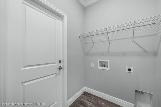 laundry area featuring electric dryer hookup, crown molding, dark wood-type flooring, and washer hookup