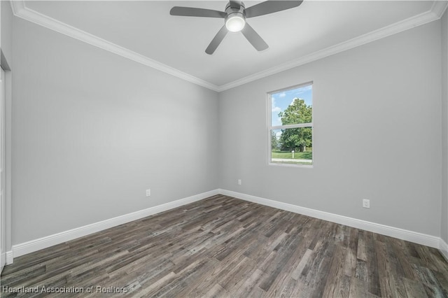 empty room featuring ceiling fan, dark wood-type flooring, and ornamental molding