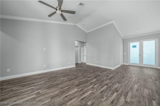 unfurnished living room featuring ceiling fan, dark hardwood / wood-style flooring, lofted ceiling, and ornamental molding