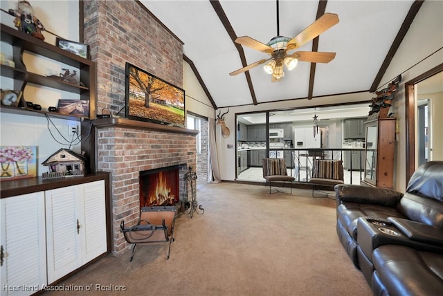 3150 Schontag Rd, Wauchula, FL 33873 - carpeted living area with a brick fireplace, ceiling fan, high vaulted ceiling, and beam ceiling