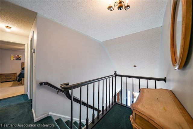 3150 Schontag Rd, Wauchula, FL 33873 - stairway with carpet floors, baseboards, a textured ceiling, and lofted ceiling