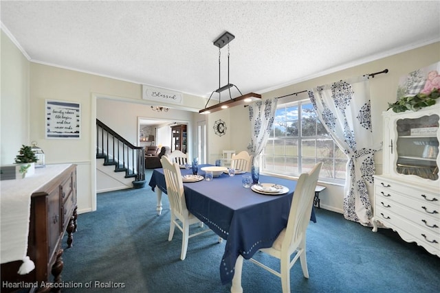 3150 Schontag Rd, Wauchula, FL 33873 - dining area featuring carpet floors, stairway, ornamental molding, and a textured ceiling
