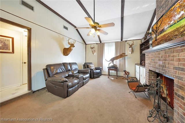 3150 Schontag Rd, Wauchula, FL 33873 - living area with carpet floors, a brick fireplace, lofted ceiling with beams, and visible vents