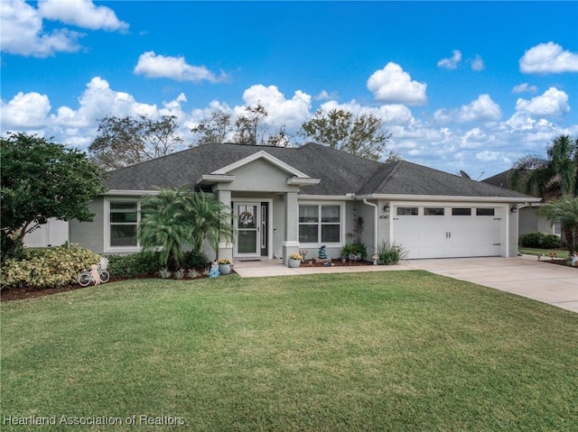 ranch-style home featuring roof with shingles, stucco siding, an attached garage, driveway, and a front lawn