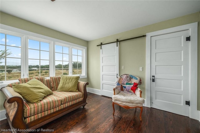 interior space featuring a barn door and dark hardwood / wood-style flooring