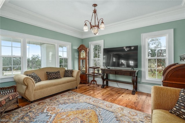 living room with light hardwood / wood-style floors, an inviting chandelier, plenty of natural light, and ornamental molding