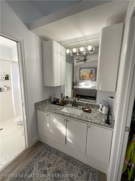 bathroom featuring ceiling fan, vanity, and hardwood / wood-style flooring