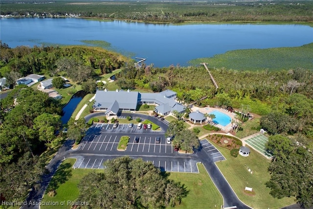 aerial view featuring a water view