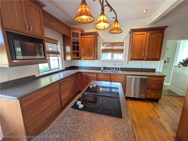 kitchen with black electric stovetop, stainless steel dishwasher, built in microwave, sink, and pendant lighting