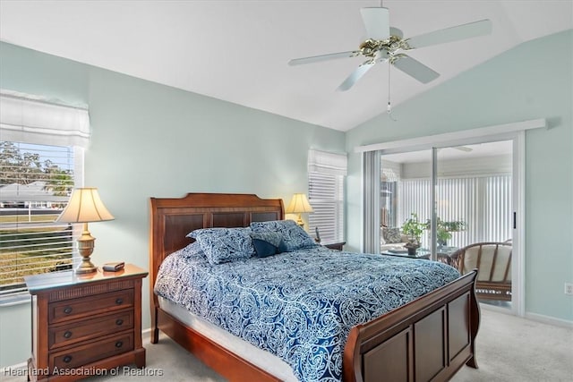 bedroom featuring ceiling fan, access to exterior, multiple windows, and light carpet