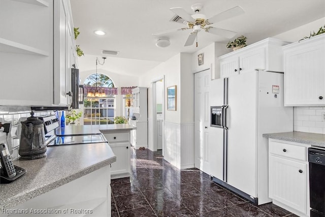 kitchen with ceiling fan, stove, black dishwasher, white cabinets, and white fridge with ice dispenser