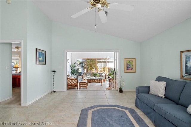 tiled living room with high vaulted ceiling