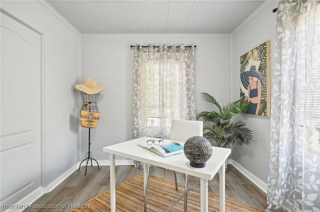 office featuring wood-type flooring and crown molding