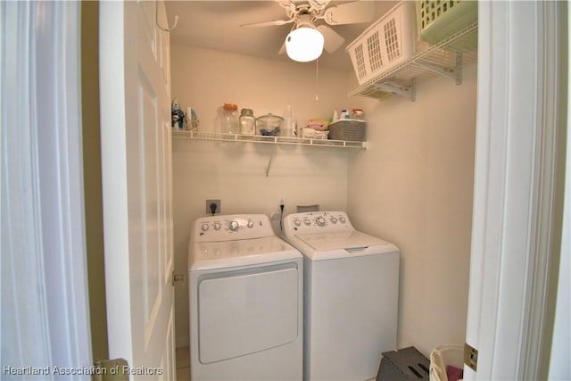 laundry area with laundry area, a ceiling fan, and independent washer and dryer