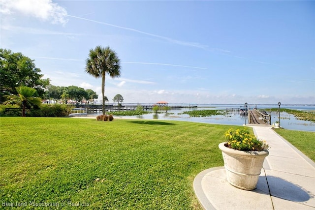 view of yard featuring a dock and a water view